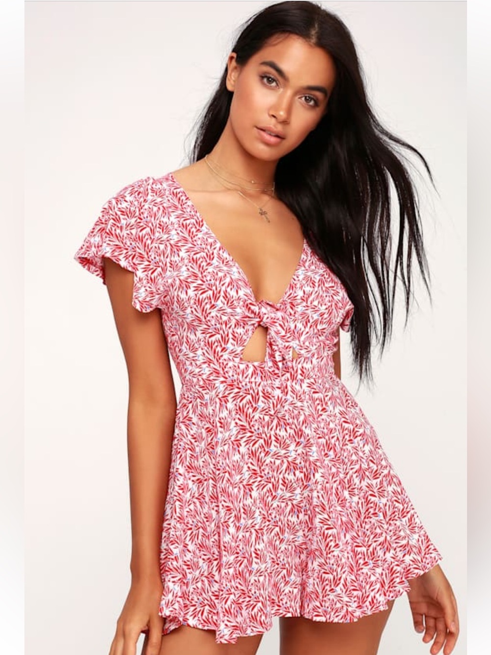 Lulu's Red and White Tie-Front Floral Mini Romper